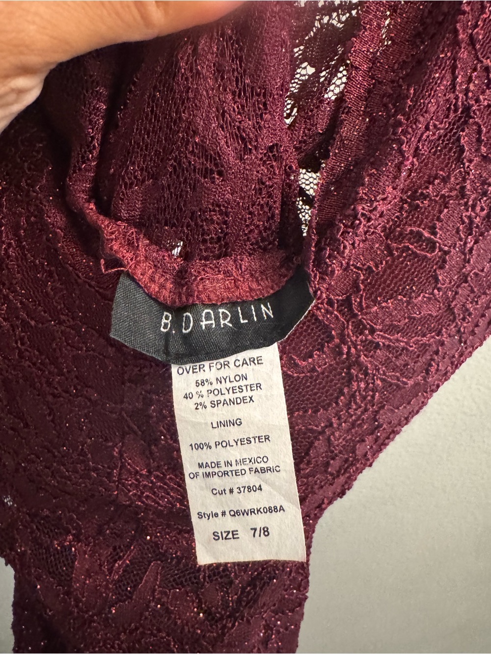 Women's Burgundy Lace Evening Gown with Thigh Slit - Picture 5 of 6